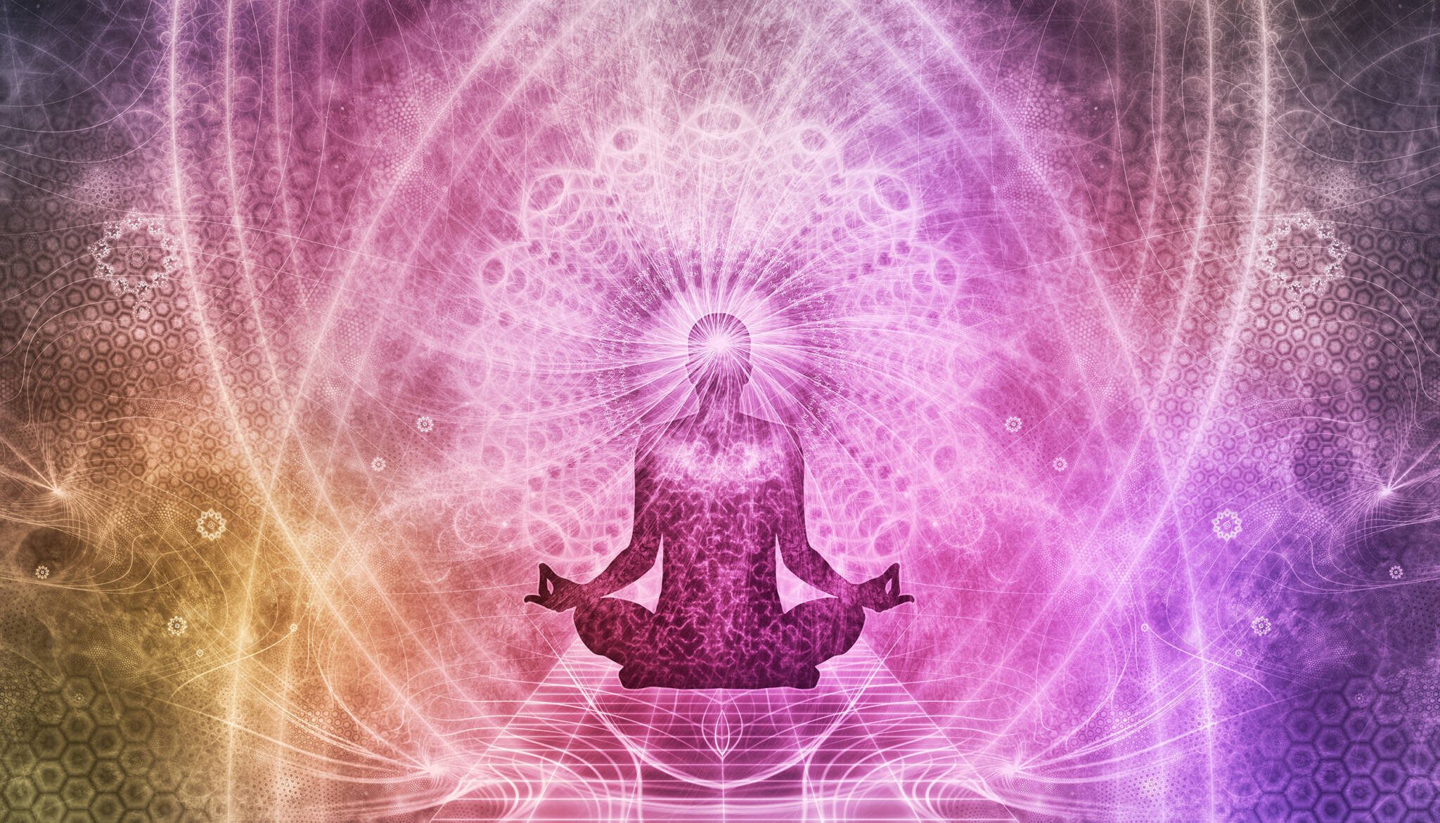 background of purples and yellows, with a variety of white energy lines